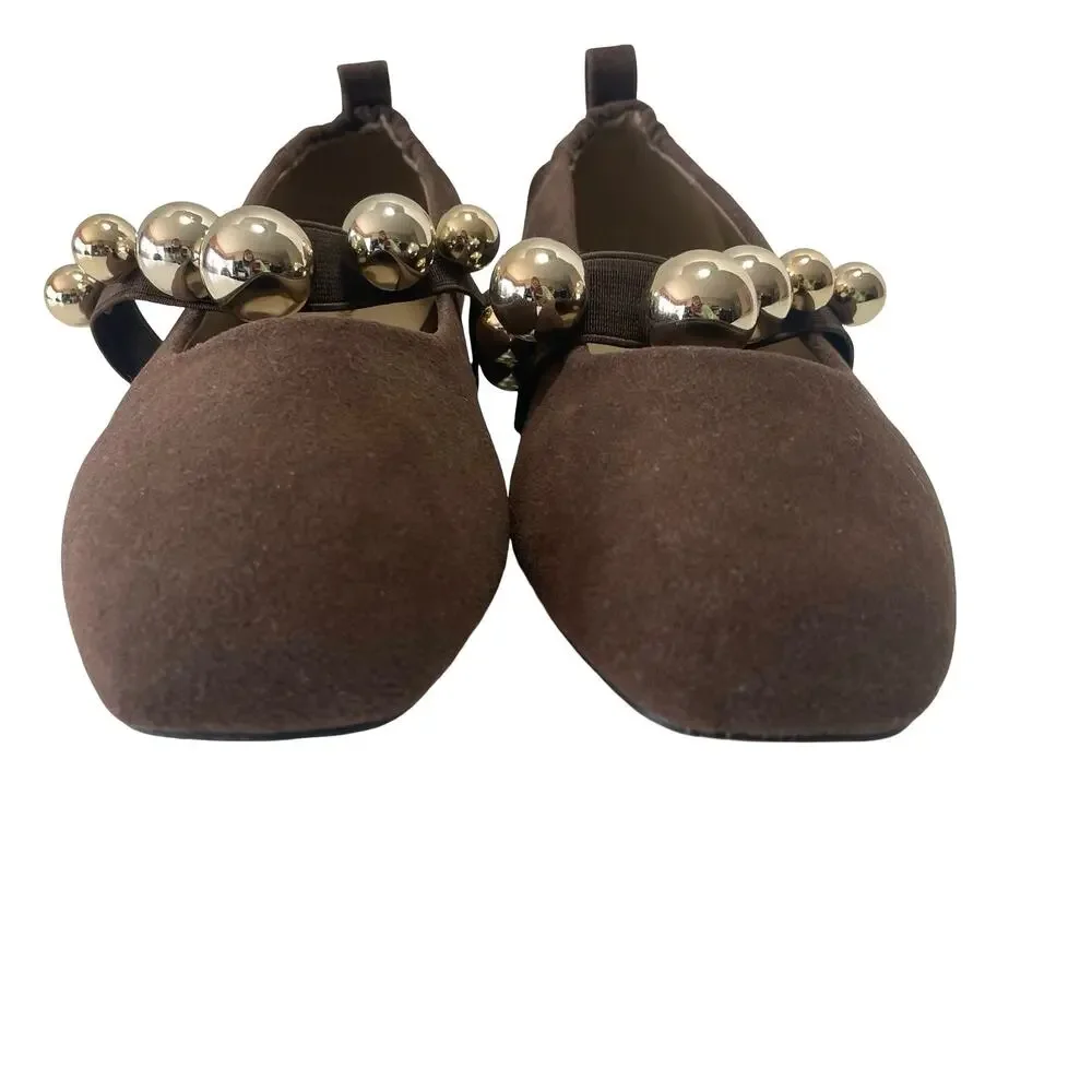 Lemonade The Colleen Ballet Flat Chocolate Brown Gold Metallic Pearl Strap Sz 8